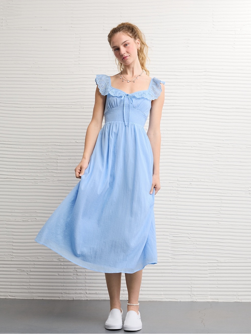American Eagle Outfitters Light Blue Eyelet Ruffle Midi Dress